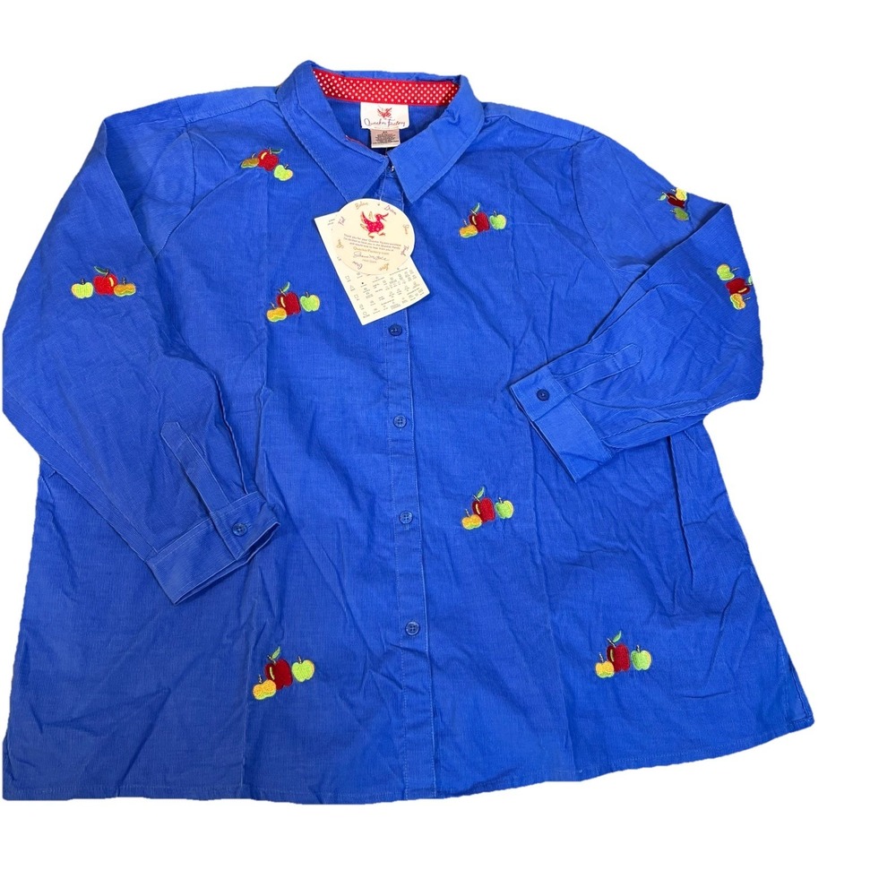 Quacker Factory Womens‎ 2xL Blue Corduroy Button Up Shirt Teacher Apple NWT